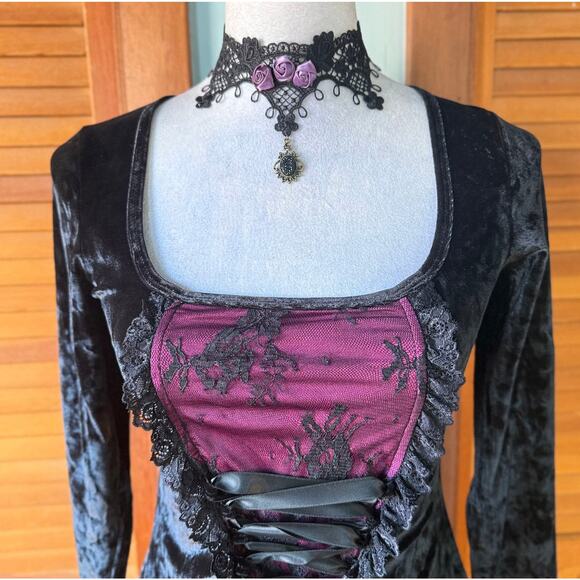 Gothic Victorian Dolls Kill Maroon Moon Black Velvet Mini Dress XS - Picture 2 of 6